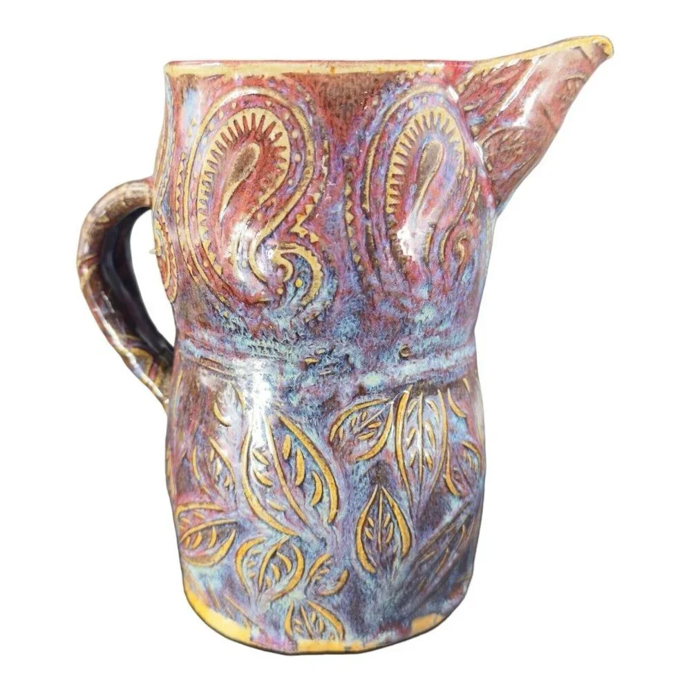 Hand Made‎ Primitive Studio Art Pottery Pitcher With Juice Rimmer Stackable VTG